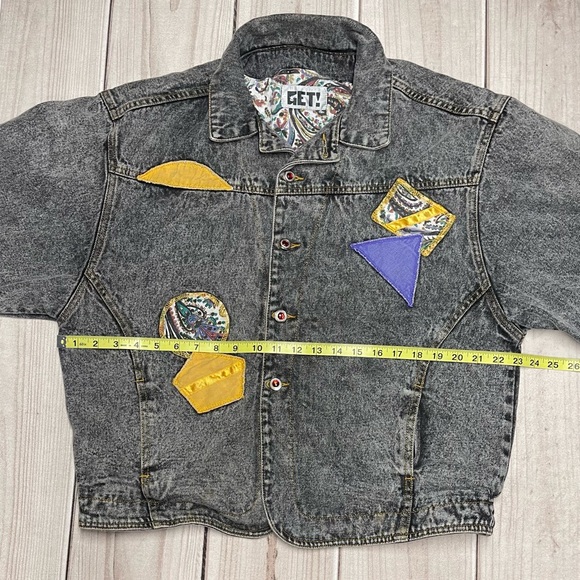 Vintage GET! Womens Medium Acid Wash Faded Black Denim Patchwork Jean Jacket - Picture 6 of 11